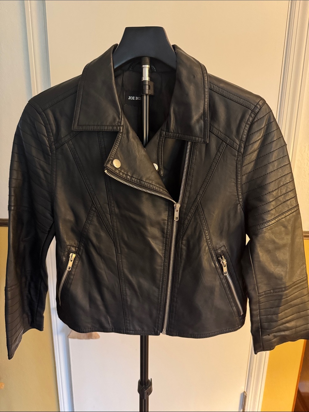 Joe Boxer Black Quilted-Sleeve Leather Moto Jacket